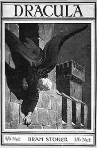 Dracula climbing down the wall of his castle, from a 1916 edition of the work.