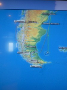 We were supposed to turn into the Strait of Magellan (following the red line on the map), but instead we went around the tip of Argentina to Ushuaia.