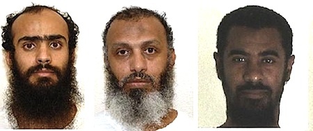 Three of the five prisoners released from Guantanamo and given new homes in the United Arab Emirates on November 13, 2015. From L to R: Ali al-Razihi, Khalid al-Qadasi and Sulaiman al-Nahdi.