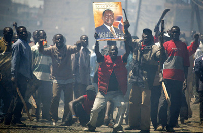 Opposition supporters react during post election ethnic violence in Nairobi