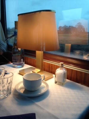 Restaurang med hovmästare, servering vid bordet, vita dukar och blommor. Det fanns även en bar med piano!