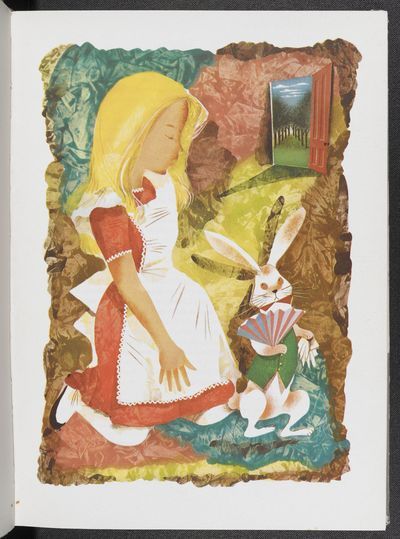 An illustration of Alice with the White Rabbit from an illustrated edition of Alice's Adventures in Wonderland by Leonard Weisgard (1949) �� The Estate of Leonard Weisgard
