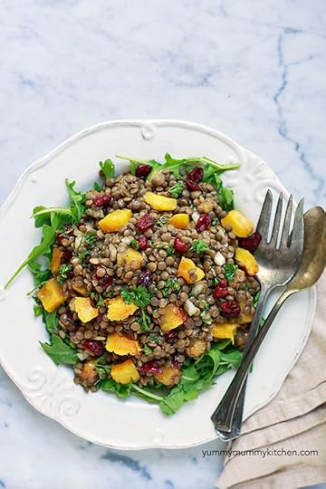 healthy lentil salad with squash and cranberries