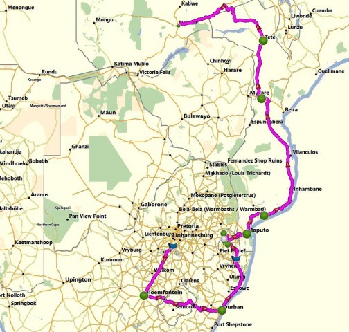 Here's the proposed 4700km route back up to Zambia.