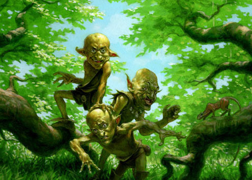 Duendes or green goblins, as rendered by artist from folklore, similar to the Kelly aliens.