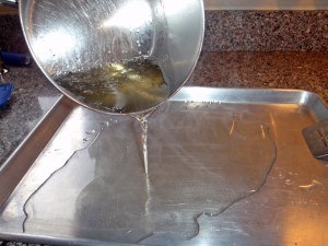 Pour Mixture onto a cool, moist baking sheet