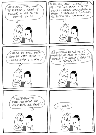 Cómic didáctico sobre cómo ligar con la aplicación Tinder para teléfonos móviles.