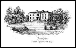 A 19th century image of Invereighty House, the home of Colonel John Lawrenson and his family after his wife inherited it in 1794 on the death of her brother, William Simson (their father George Simson had previously owned it). Invereighty was one of three estates in the parish of Kinnettles, just south of the town of Forfar and about 13 miles north of Dundee. The house was demolished in the 1960s.
