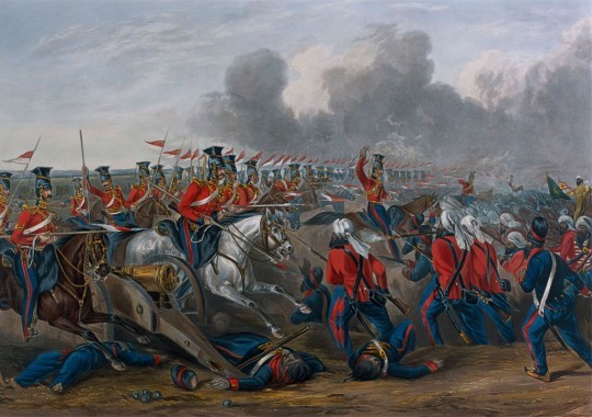  ‘Charge of the 16th (Queen’s Own) Lancers at the Battle of Aliwal, January 1846’, showing an overrun Sikh field gun in the foreground. This gives a vivid image of the battle in which Major Lawrenson and his artillerymen distinguished themselves. Sir John Smith’s force was made up of a mix of British regiments, as shown here, and units of the East India Company army (British officered but with native sepoys), numbering altogether about 10,000 men with 24 guns (coloured aquatint by J. Harris after H. Martens, published by Rudolph Achermann, 1847. National Army Museum, Accession No. 1971-02-33-24).
