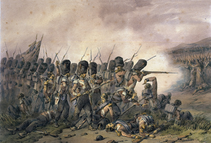 ‘Battle of Alma, 1854’ by Orlando Norie, showing the Coldstream Guards. The Alma was best known for the achievements of the Highland Brigade, one of whose regiments, the 93rd, was to find further fame at Balaclava, after William Howard Russell – the celebrated war correspondent for The Times – described their defensive line as a ‘thin red streak’, later to enter popular parlance as the ‘Thin Red Line.’ This image could have come straight from the Napoleonic Wars, except that the British soldiers are firing percussion rifles – loaded from the muzzle in the same way as the smoothbore muskets of their Russian opponents, but far more accurate and with a greater range. The artist (one of the most prolific military painters of the 19th century) is thought to have based his Crimea watercolours on the sketches of his uncle Frederick Norie, who accompanied the Sardinian Army in 1854-5 (National Army Museum, Accession No. 1968-06-321-2).