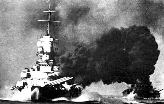 Italian battleship Vittorio Veneto firing on British ships, Battle of Cape Spartivento, 27 Nov 1940.