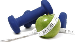 Blue Weights, Green Apple, and Tape Measure