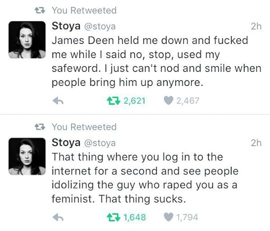 James Deen held me down and fucked me while I said no, stop, used my safeword. I just can't nod and smile when people bring him up anymore. That thing where you log in to the internet for a second and see people idolizing the guy who raped you as a feminist. That thing sucks.