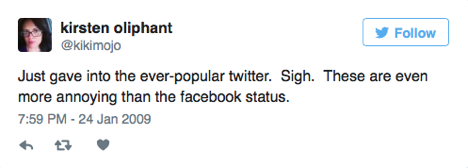 Kirsten Oliphant's first tweet: 