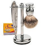Parker SR1 Straight Razor Set - Includes 100% Pure Badger Brush, Deluxe Chrome Shave Stand, Parker SR1 Shavette Razor and 100 Shark Super Stainless Razor Blades