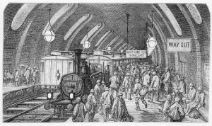 XJF396027 The workmen's train, from 'London, a Pilgrimage', written by William Blanchard Jerrold (1826-94) & engraved by Quesnel, pub. 1872 (engraving) by Dore, Gustave (1832-83); Private Collection; (add. info.: Steam trains at Gower Street station (now Euston Square); Part of the Metropolitan Railway (Underground) which opened in 1863); French, out of copyright