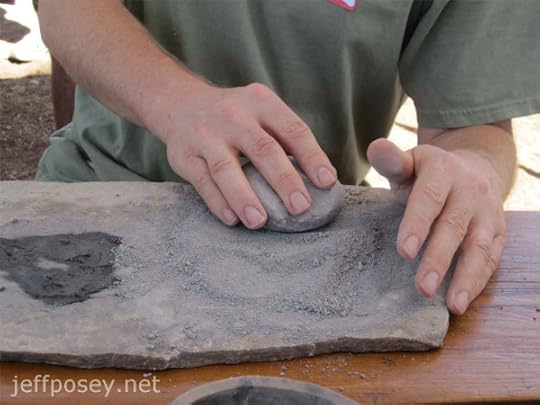 Grinding clay at Anasazi Potter Workshop by Gregory S. Wood, ArchæoCeramist, at Chimney Rock National Monument near Pagosa Springs, Colorado
