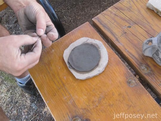 A vessel bottom cut to shape at Anasazi Potter Workshop by Gregory S. Wood, ArchæoCeramist, at Chimney Rock National Monument near Pagosa Springs, Colorado