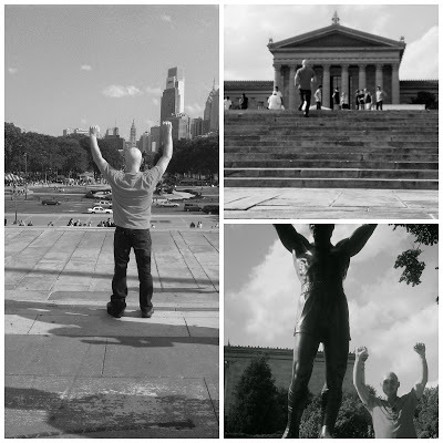 Benjamin Rubenstein with Rocky statue and Rocky steps at Philadelphia Museum of Art