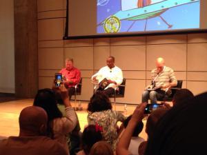 L to R: William Shatner, Levar Burton and Sir Patrick Stewart read at the Reading Rainbow event I attended