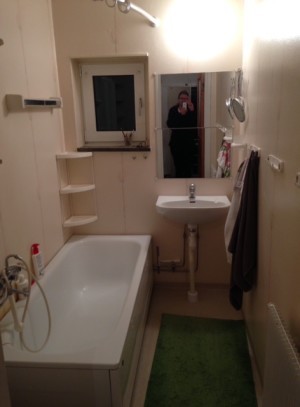 Badrummet FÖRE. Allt är från cirka 1989. Laxrosa våtrumstapet, golv som inte går att få rent, läckande kranar och en toastol som inte längre är vit. Uäck.