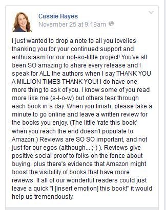 Cassie Hayes Quote from FB about book reviews