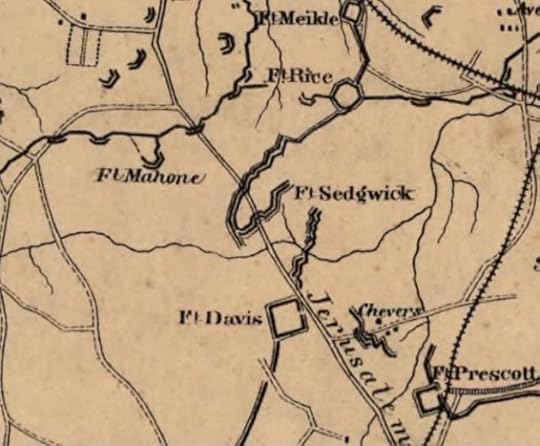 The 69th New York were positioned in this sector of the line on 30th October, in front of Fort Davis. Extract from map drawn by Brevet Colonel Michler for Jarratt's Hotel, Petersburg.