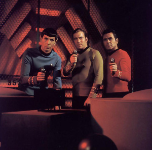 Spock, Kirk, Scotty in Engineering