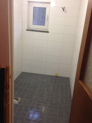 Väggar och golv är klara, Det finns golvbrunn och alla anslutningar är förberedda. Imorrn kommer snickare och gör innertaket och rörmokare och gör rör-saker. De ska få tårta, det lovade jag dem om de lyckades låta bli att gå genom golvet (det är typ 6 cm mellan mitt golv och grannens tak. Har köpt chokladmousse-tårta)