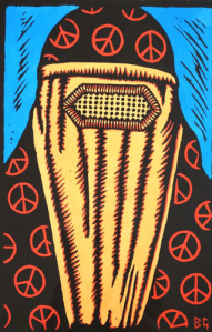 Bruce Goold Peace chador, Paris 13/11/15 hand coloured linocut Australian Galleries, Sydney