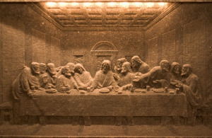 A carving of the Last Supper in a salt mine chapel
