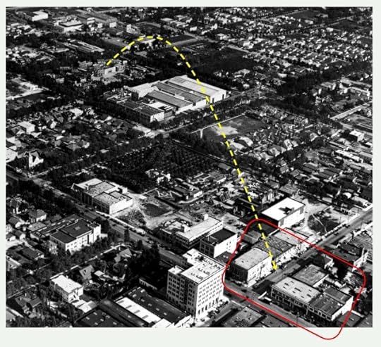 The backlot plane crash site stood barely two blocks from the alley on Cahuenga (arrow). This photo was taken in 1922. In 1919 only the buildings within the red box were standing. Bison Archives.