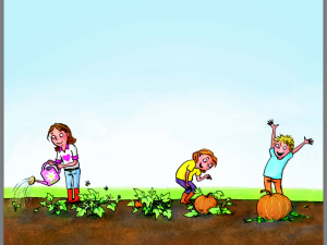 Lottie, Dottie and a mystery bot all growing Pumpkins in their next adventure.