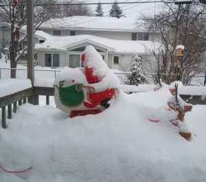 Santa/snow traffic jam in my parents' backyard