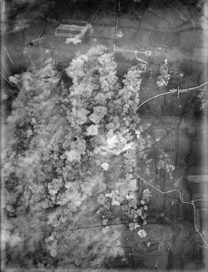 Avro Lancasters carpet bomb a road junction near Villers Bocage, Normandy, France, 30 June 1944. Imperial War Museum Collections. Collection No.: 4700-19; Reference Number: CL 344. Royal Air Force. Public domain via Wikimedia Commons.