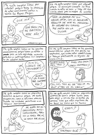 Cómic sobre qué gusta y qué no gusta de comprar libros por internet, en grandes macrolibrerías, o en pequeñas librerías de barrio.