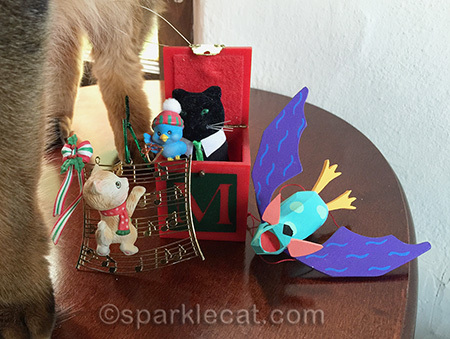 vintage Christmas ornaments, bat ornament, cat ornament