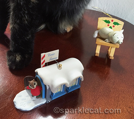 vintage Christmas ornaments, tortoiseshell cat