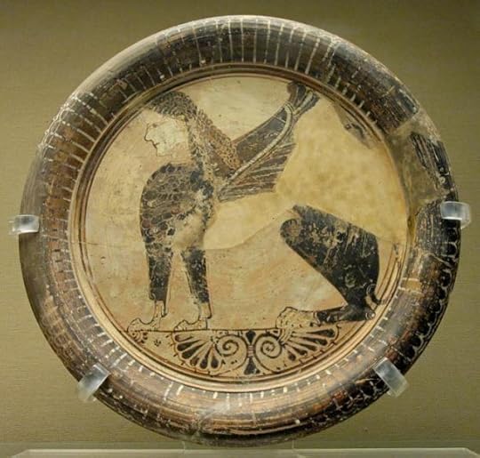 A plate depicting a seated sphinx, 6th century BC, found in Naukratis