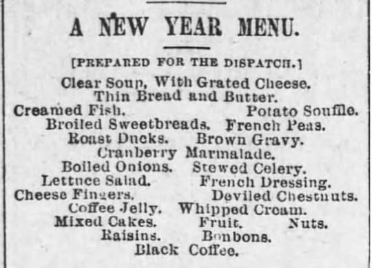 New Year's Menu from Pittsburg Dispatch