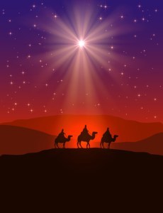 Christian Christmas background with shining star on night sky and three wise men, illustration.