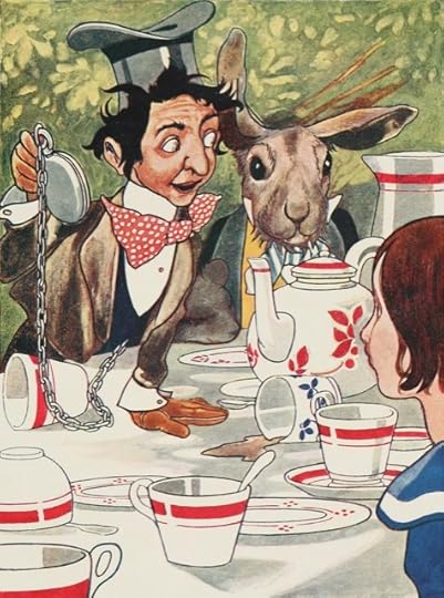 A colorful rendition of a Mad Hatter tea party in Alice in Wonderland