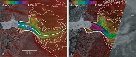 This graphic shows ice flow velocity as color over SAR amplitude imagery of Jakobshavn Isbræ in a) February 1992 b) October 2000. In addition to color, speed is contoured with thin black lines at 1000 m/yr intervals and with thin white lines at 200, 400, 600, and 800 m/yr. Note how the ice front has calved back several kilometers from 1992 to 2000. Further retreat in subsequent years caused the glaciers speed to increase to 12,600 km/yr near the front. The town of Illulisat is just off the edge of the image on the north side of the fjord. (Courtesy of PSC/APL/UW)