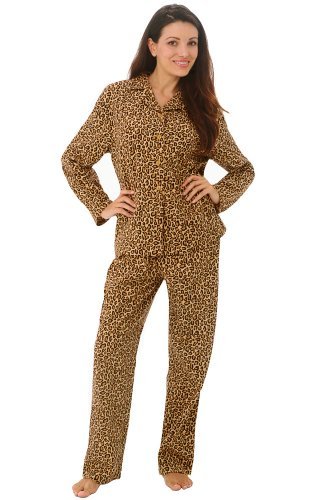 Del Rossa Women's 100% Cotton Flannel Pajama Set - Long Pjs, Medium Leopard Print (A0509P32MD)