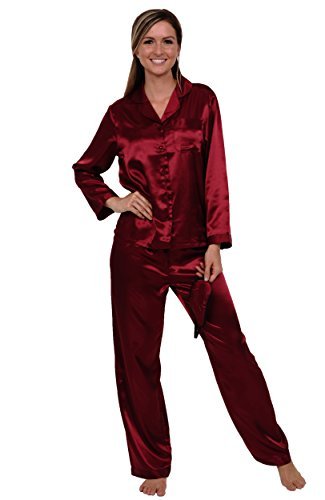 Del Rossa Women's Classic Satin Pajama Set - Long Pjs, Large Burgundy (A0750BRGLG)