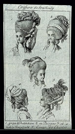 V0019865ER The heads and shoulders of five women who wear elaborate wig