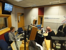 Pauline Rowson waiting to go on air BBC Radio Solent with Julian Clegg January 2016