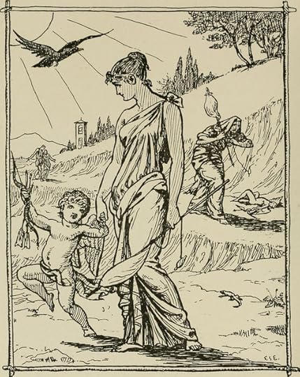 cupid, a woman, a crow, and a crone