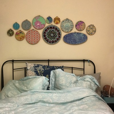 The Somerset Star now lives above my bed, along with a collection of hoops (scavenged at the annual Textile Museum's sale over the past few years) filled with some of my favorite fabrics.