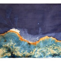 Littoral Drift #09 (Rodeo Beach, CA 11.07.13, Three Waves, Buried and Flooded); unique cyanotype, 24”x30”